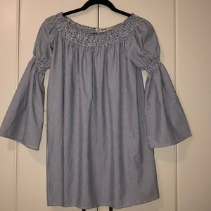 Blue and white pinstriped off the shoulder dress